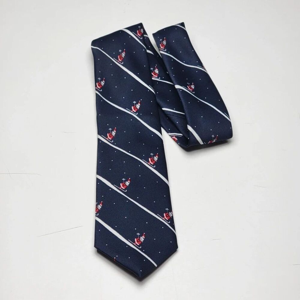 Vintage Avon Christmas Mens Tie Skiing Santa Claus Navy Blue Stripe Novelty 80s
